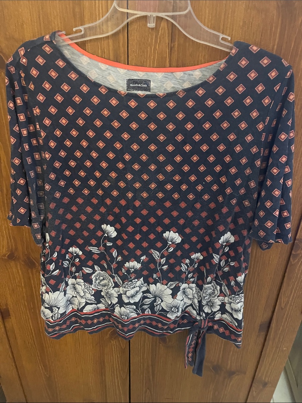 Coral-Accent Navy Floral Border Tunic Top